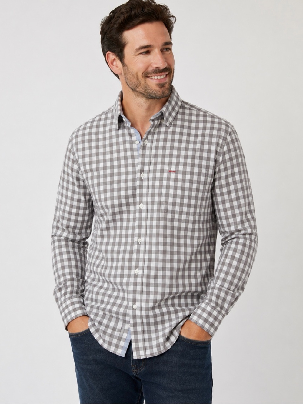 Hawkings McGill Men's Grey and White Check Button-Down Shirt Large gingham